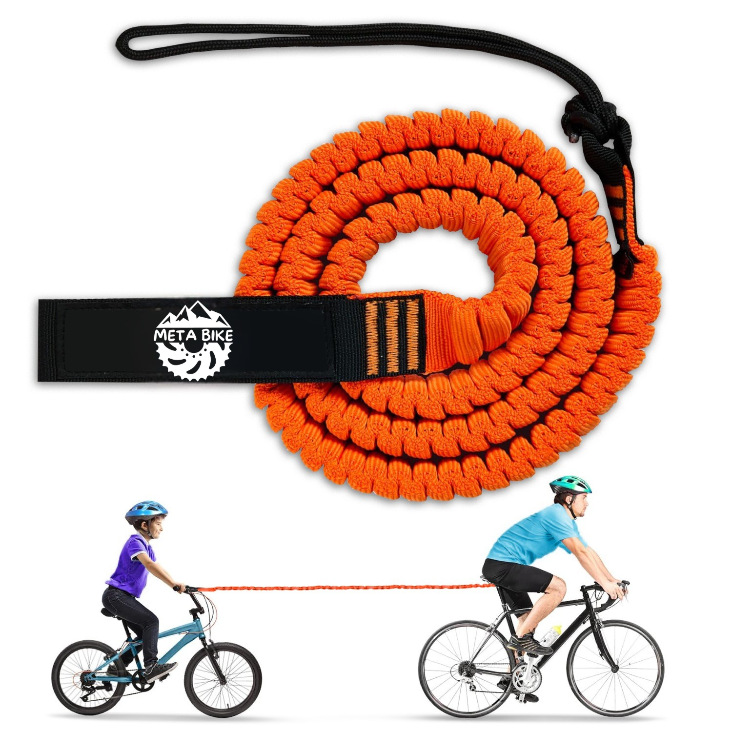 Orange bicycle tow rope with Meta Bike logo on a white background