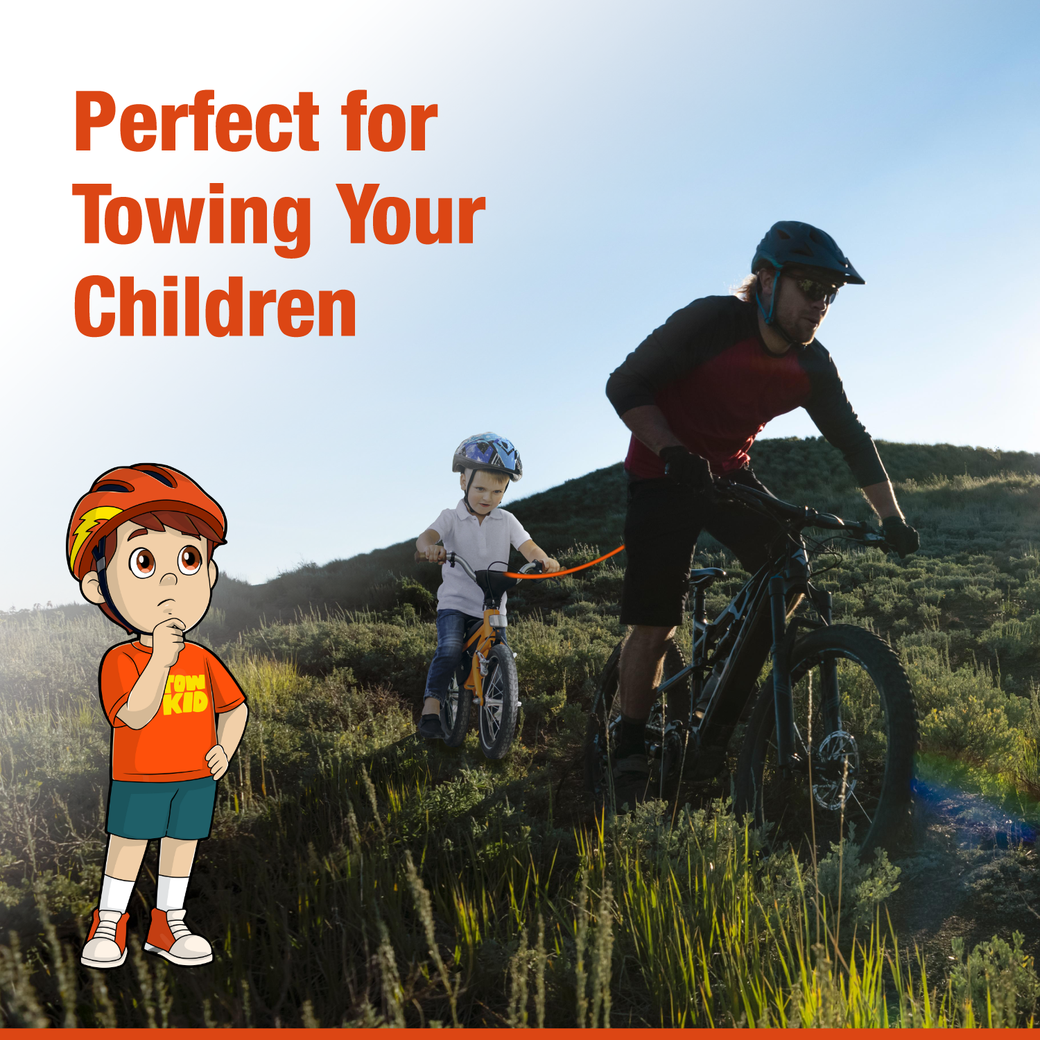 Man and two children mountain biking with text 'Perfect for Towing Your Children' on a scenic background.