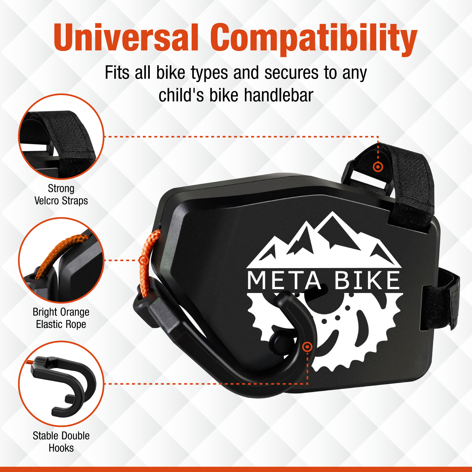 Black bike accessory with mountain design and compatibility features on a white background.