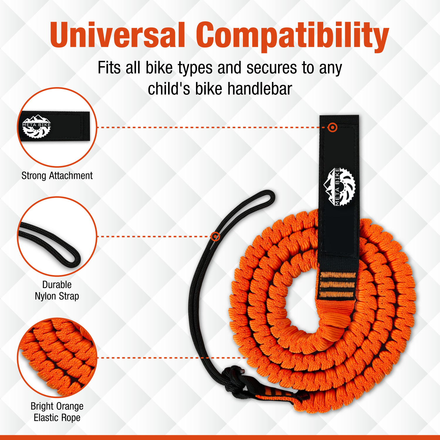Orange elastic rope with black attachment for child's bike handlebar on a white background.