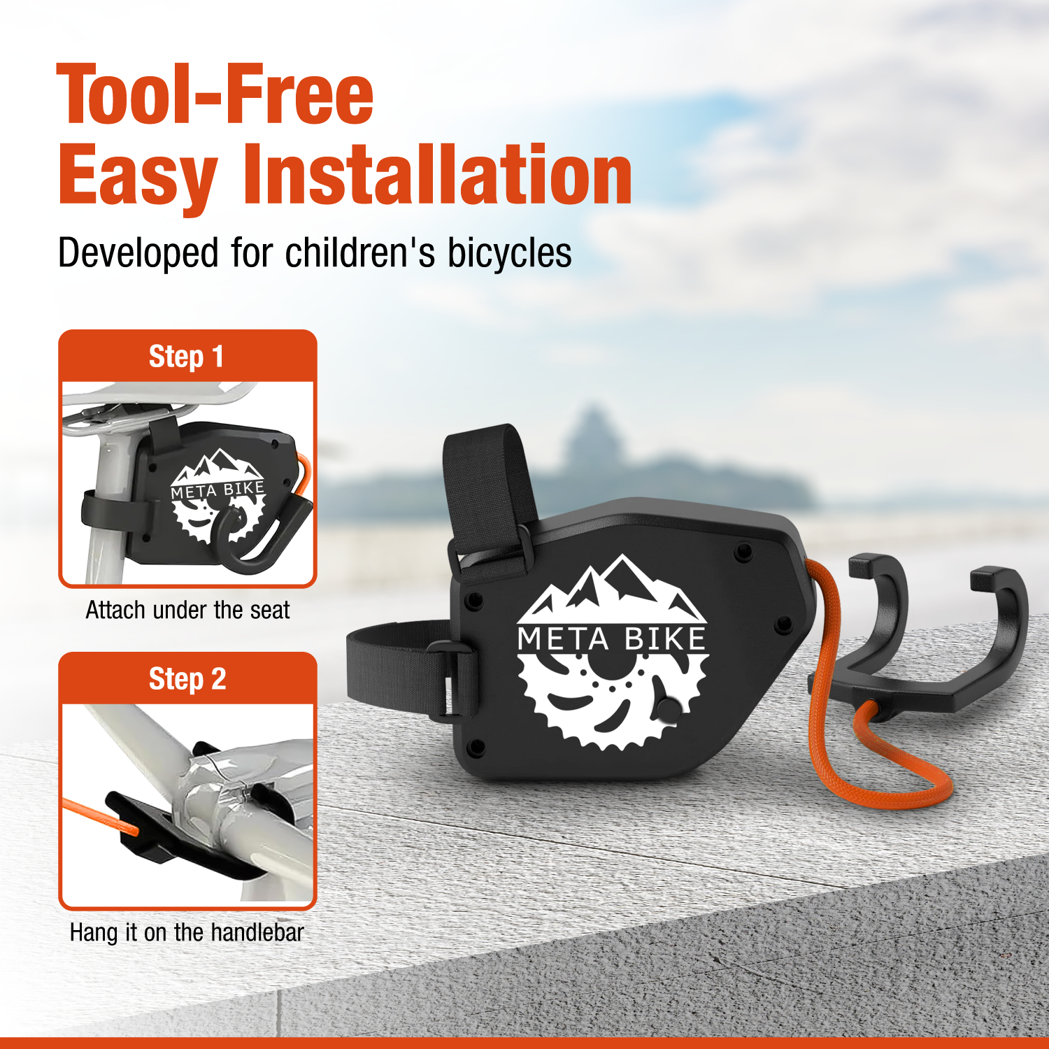 Bicycle accessory with step-by-step installation instructions against a blurred outdoor background.