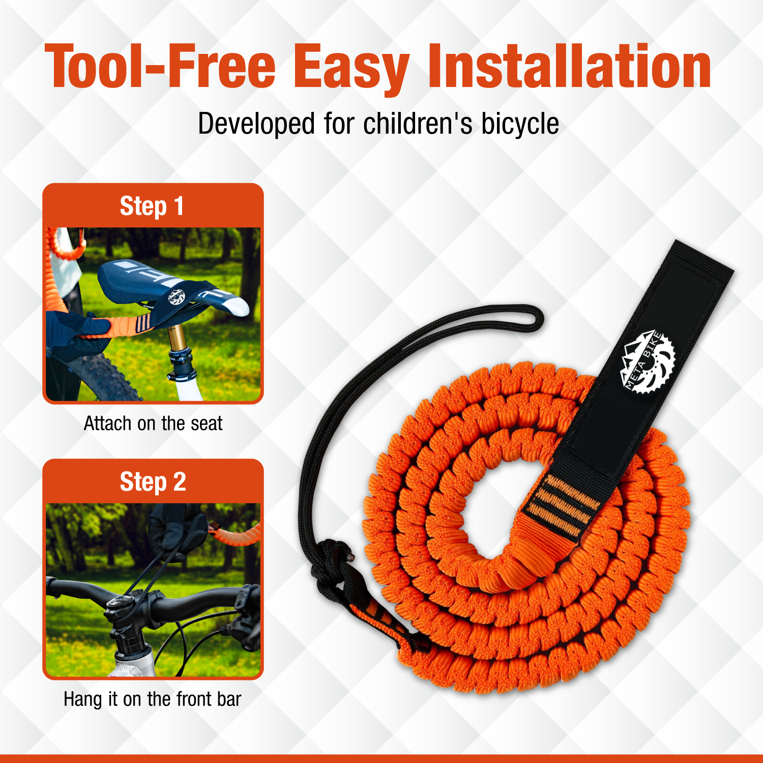 Orange bicycle lock with installation instructions on a patterned background.