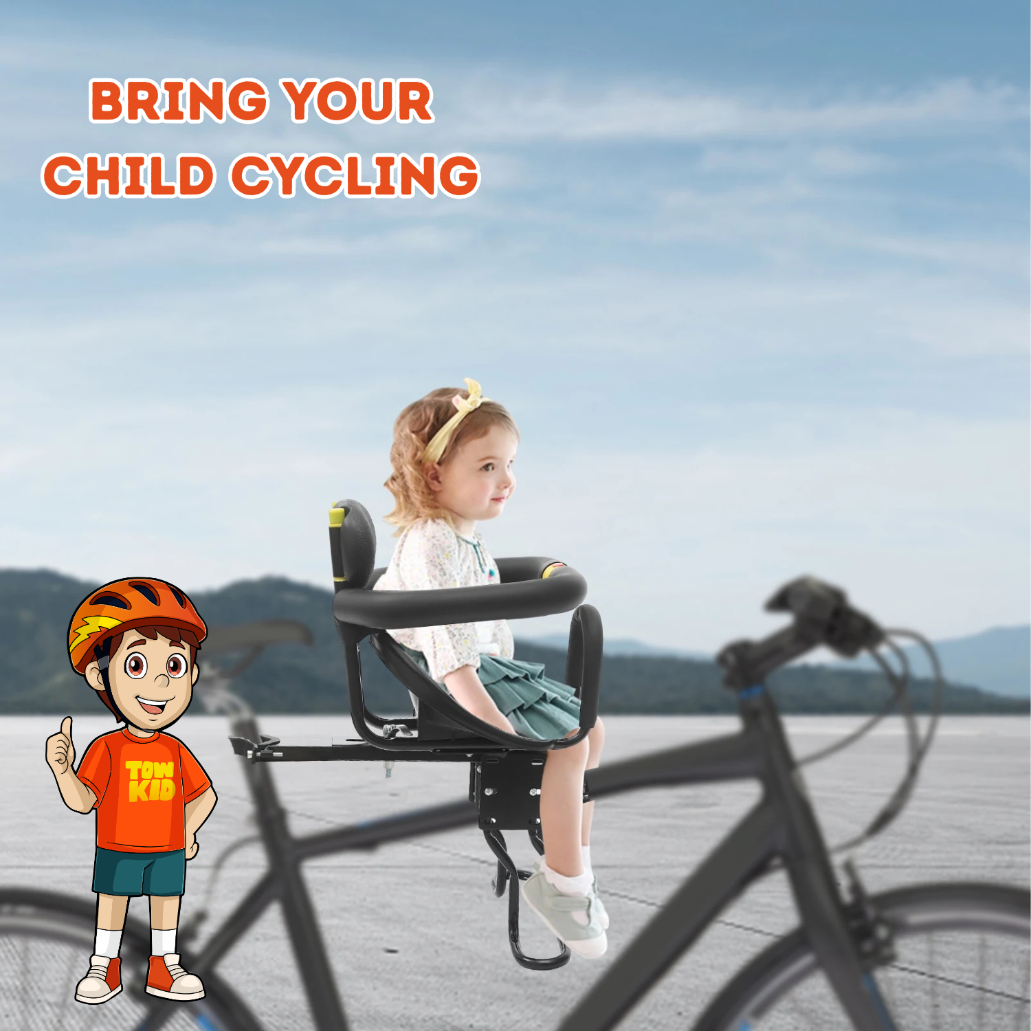 Child in a bicycle seat with text 'Bring Your Child Cycling' against a clear sky.
