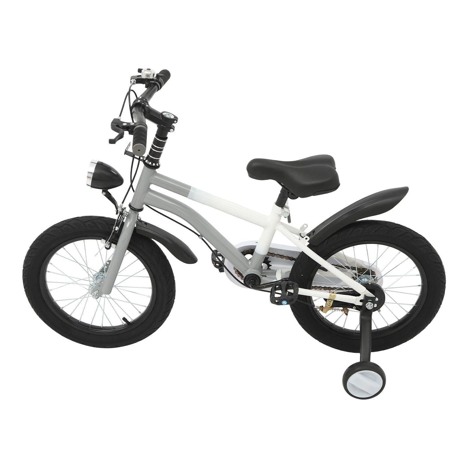 White children's bicycle with training wheels on a white background