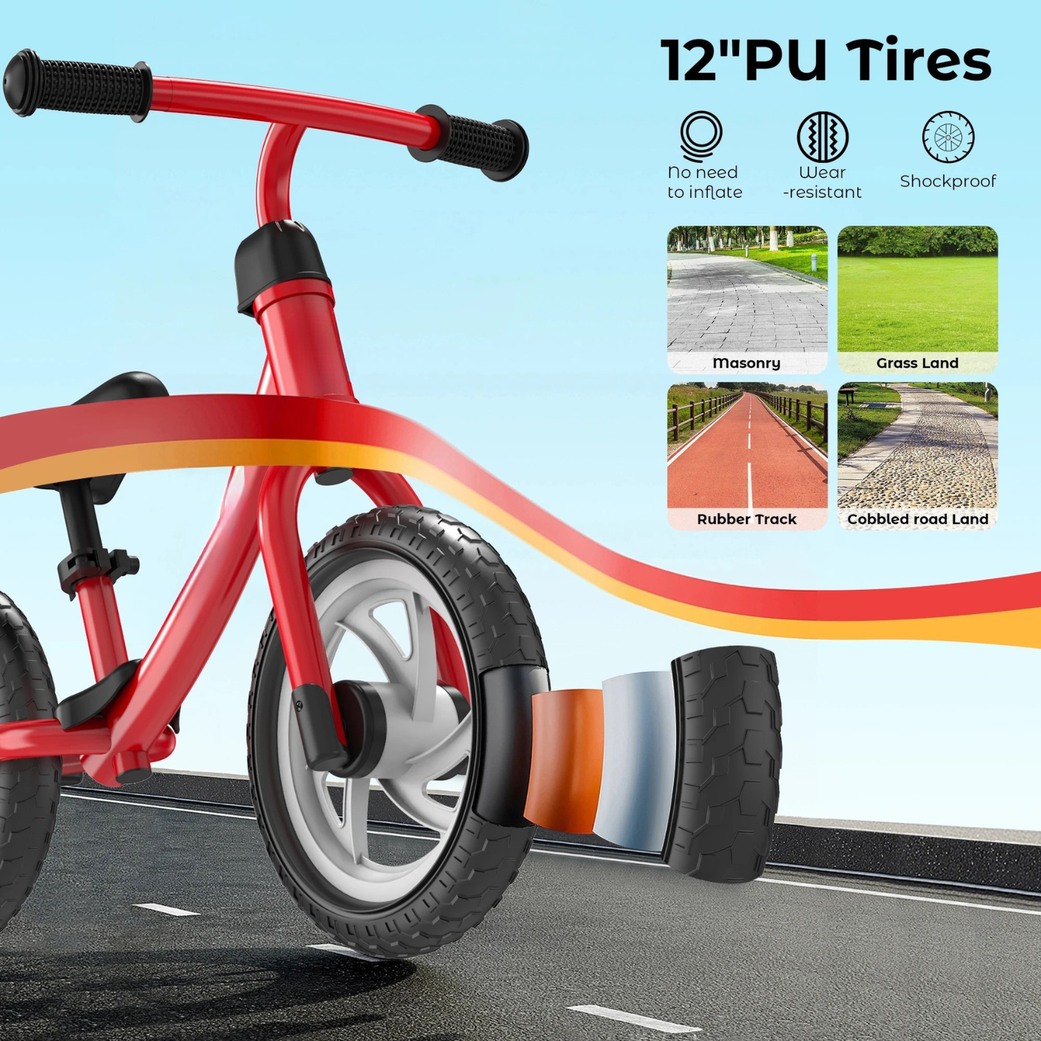 Red balance bike with 12" PU tires on a road surface, featuring durability features.