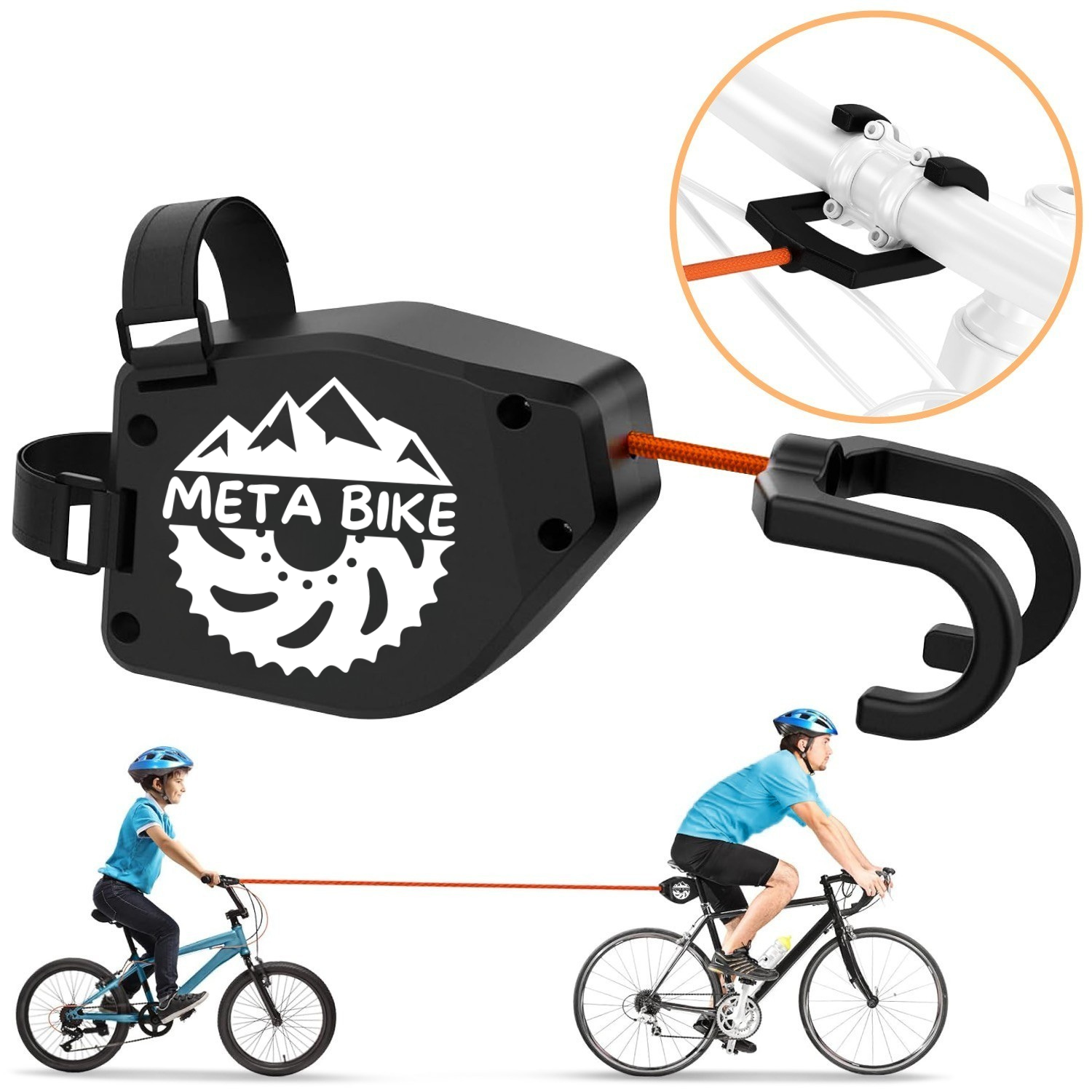 Meta Bike product with mountain logo, showing how it attaches to bicycles and is used for towing.
