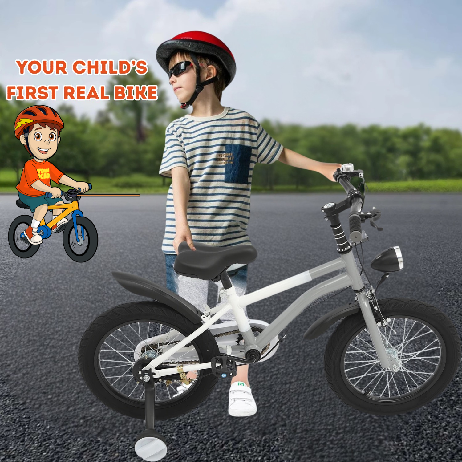 Child standing next to a balance bike with cartoon character and text 'Your Child's First Real Bike' on a road.