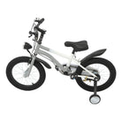 White children's bicycle with training wheels on a white background