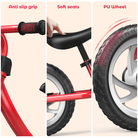 Red balance bike with features labeled 'Anti slip grip', 'Soft seats', and 'PU Wheel' on a beige background.